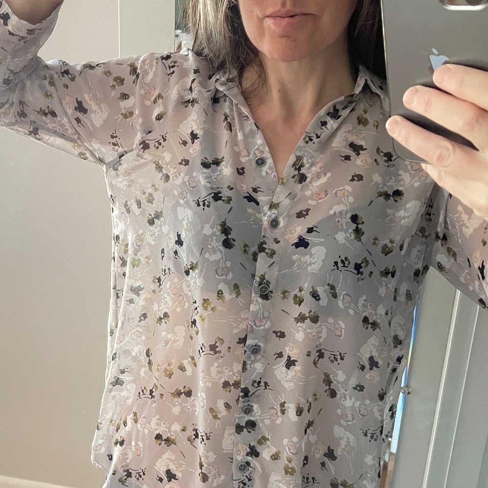 Cabi blouse 3/4 sleeve, XS, S, floral print 70s colors button front transparent